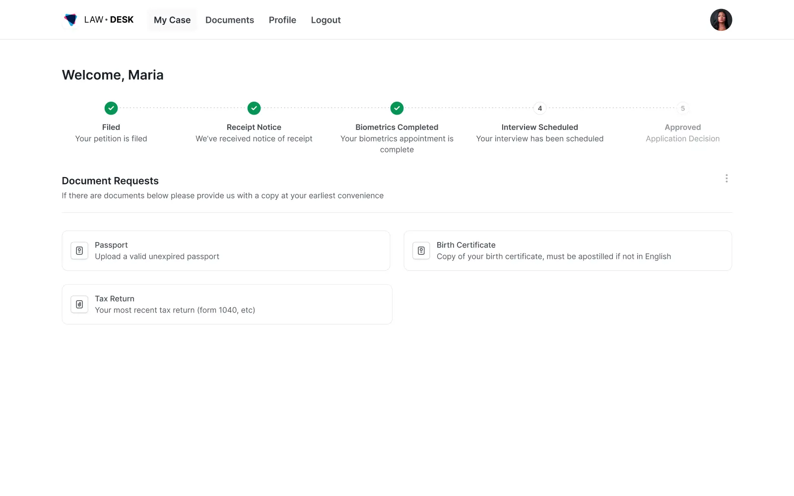Client portal showing case progress, document requests, and milestone updates